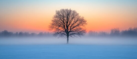 Obraz premium Solitary tree in a foggy winter sunrise landscape.