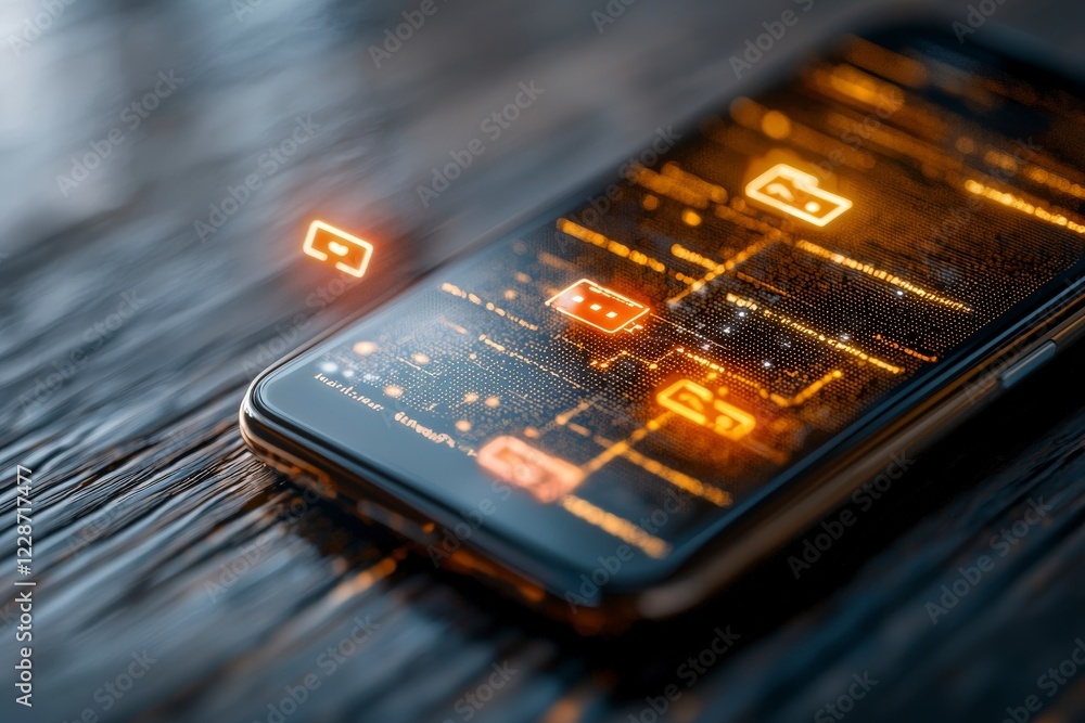 Poster abstract smartphone screen displaying glowing notification icons against wooden surface for technolo