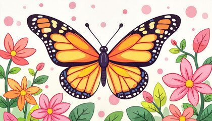 Obraz premium Vibrant monarch butterfly resting among garden flowers, natural beauty