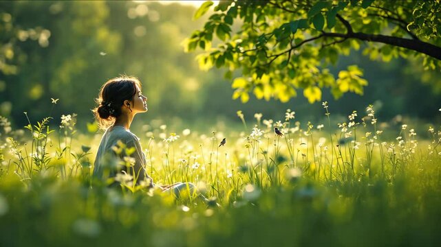 Serene woman meditating in sunlit meadow with gentle breeze and dancing insects