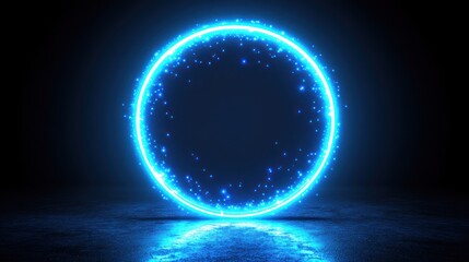 Fototapeta premium Glowing blue circle energy portal, dark background, digital art, design element