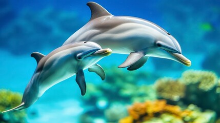 Fototapeta premium Playful Dolphins Swimming in Crystal Clear Ocean Water