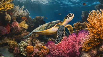 Obraz premium Graceful Sea Turtle Gliding Through Colorful Coral Reef Teeming with Marine Life: Showcasing Elegance and Biodiversity in Underwater Ecosystems