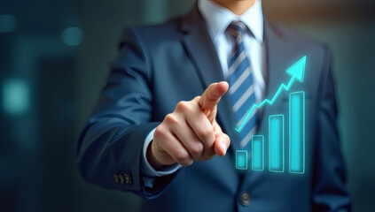 Business development to success and growing growth concept, Businessman pointing arrow graph corporate future growth plan, Technology background, Business background, Finance background
