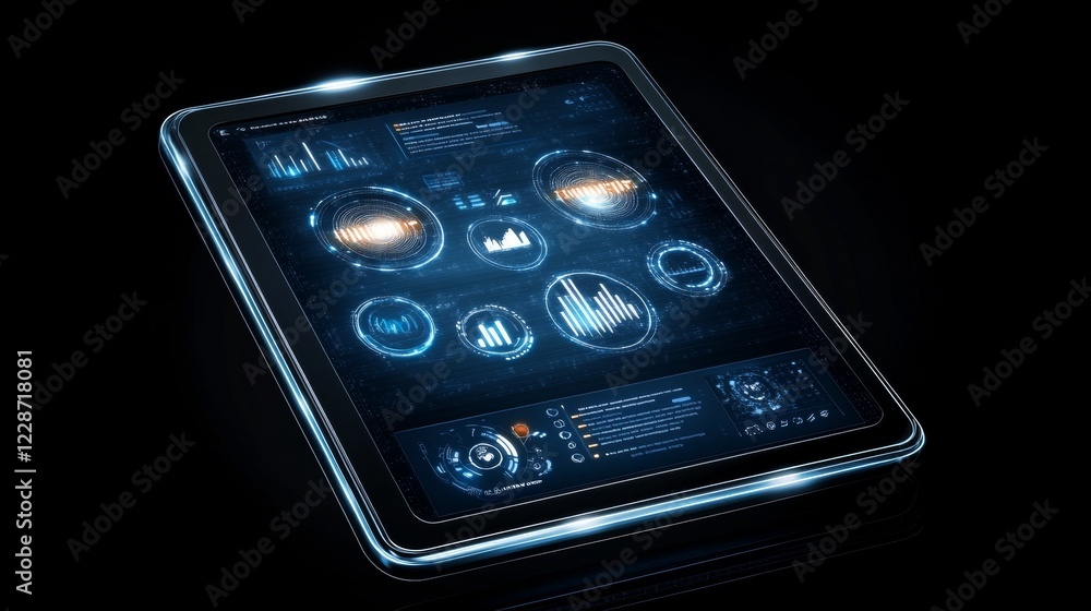 Poster futuristic tablet displaying data analytics charts