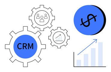 Three gears with CRM, user icon, and bar chart icon. Dollar symbol inside blue circle and increasing bar graph with arrow. Ideal for business strategies, growth, CRM systems, financial success