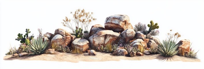 Desert rock garden, cacti, plants, white background, design element