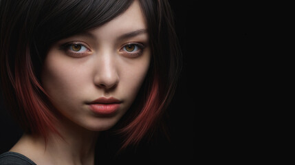 Fototapeta premium Portrait of a young woman with short black hair with the ends dyed red, soft makeup, intense gaze, pale skin, minimalist composition, dark background, close-up. Beauty and elegance.