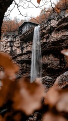 Autumn Waterfall Landscape  Majestic Fall Cascade  Cabin  Rocks