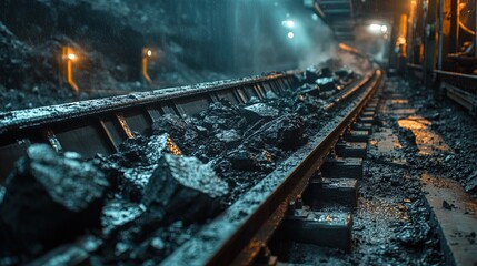 Naklejka premium Coal mine conveyor belt with pieces of rock and dust, industrial atmosphere