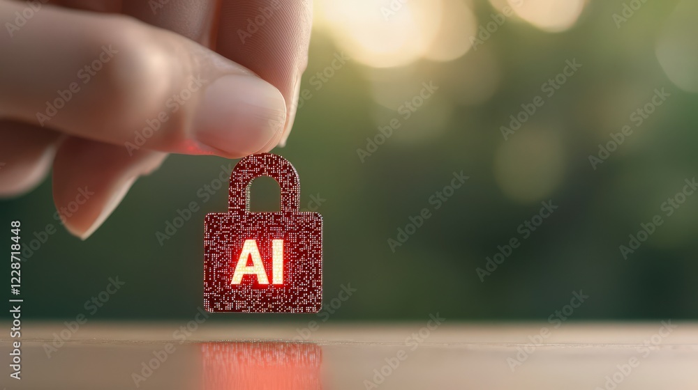 Poster hand holding digital lock symbolizing ai security and data protection with background of nature and 