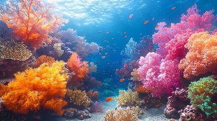 Fototapeta premium Vibrant coral reef teeming with fish, underwater scene, ocean background, nature photography