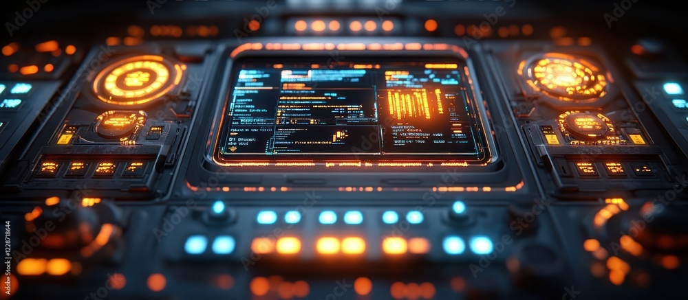 Poster futuristic control panel with glowing interface and digital display.