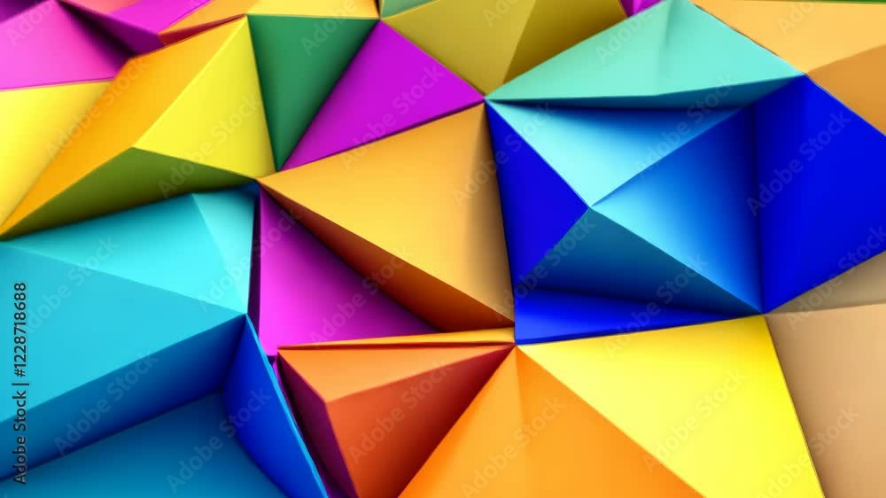 Poster vibrant geometric transformation: dynamic multicolored polygonal patterns evolving through motion