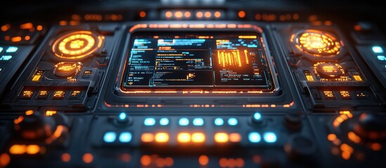 Obraz premium Futuristic control panel with glowing interface and digital display.