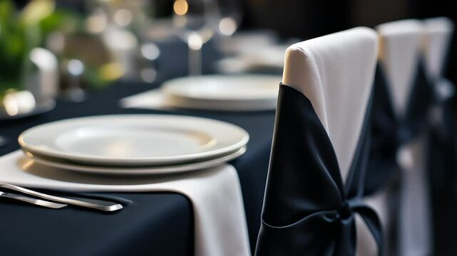 A solemnly laid table with a black tablecloth, white plates and floral decoration, chairs decorated with a white cover and a black ribbon. A dining table for a wedding or funeral