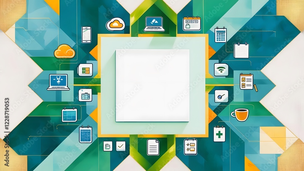 Poster digital workflow layout with mobile computer calendar and cloud icons