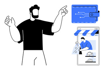 Man pointing next to a digital wallet and shopping app interface on phone. Ideal for e-commerce, online shopping, digital wallets, technology, mobile shopping, online stores, fintech. Minimalist