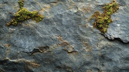 Closeup textured gray stone subtly displays vibrant green moss patches. AI Generated