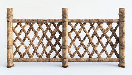 Rustic brown bamboo fence with crisscross pattern, isolated on white background.