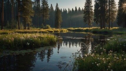 Obraz premium Serene morning in a forest with a calm reflective pond and rays of sunlight