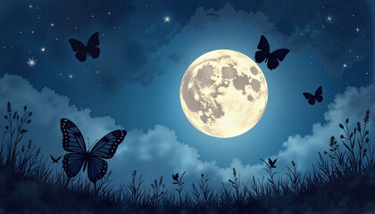 Naklejka premium Butterfly silhouettes fluttering near bright full moon at night, dreamy magic