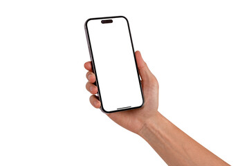Hand showing smartphone with blank screen isolated. Business, Finance and Technology concept.