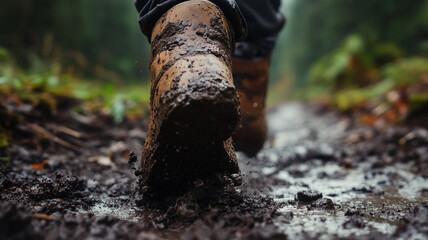 Close up of muddy boots walking on wet trail in forest
