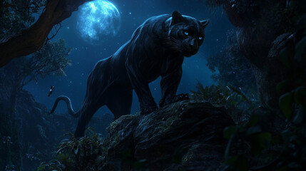 mystical black panther prowling at night in moonlit jungle scenery: artwork, photography, and digital art for fantasy landscape and wallpaper