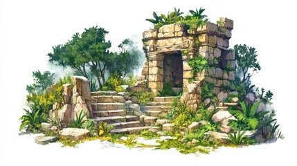 Obraz premium Ancient stone ruins surrounded by lush greenery and steps leading to an overgrown entrance