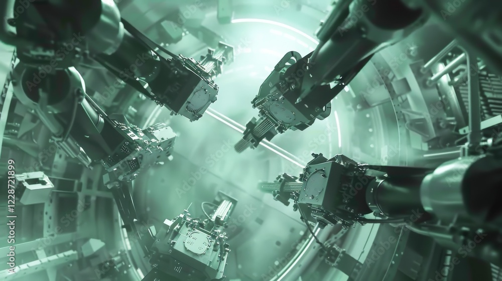 Poster advanced automated assembly line with robotic arms in manufacturing facility streamlining production