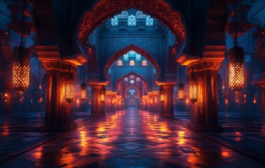 Fototapeta premium Mystical Lantern Lit Palace Interior with Intricate Arches and Vibrant Colors