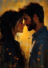 Intimate Embrace of Passionate Lovers in Dramatic Digital Painting Art