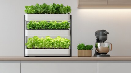 Hydroponics in a kitchen idea. Indoor vertical garden with vibrant greens beside a kitchen mixer on a modern countertop.