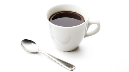 A white mug of black coffee and a spoon