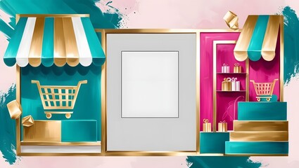 Online Storefront Display: Gold Accents Teal Pink Shopping Carts Gifts