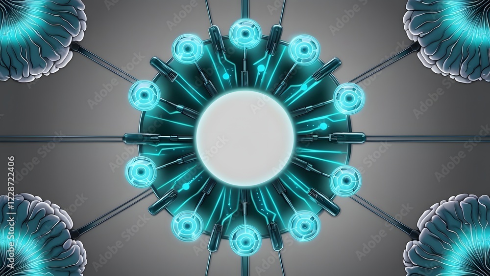 Poster neural network connecting brains with central light blue data hub