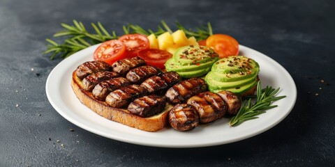 Plant based breakfast option concept. Grilled sausages with avocado, tomatoes, and herbs on a plate
