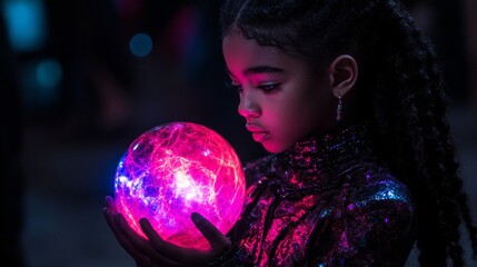 Naklejka premium Girl Holding Illuminated Orb, Dark Background, Neon Lights