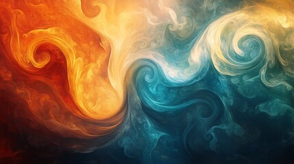 Obraz premium Abstract swirling fiery orange and cool teal paint art. AI Generated