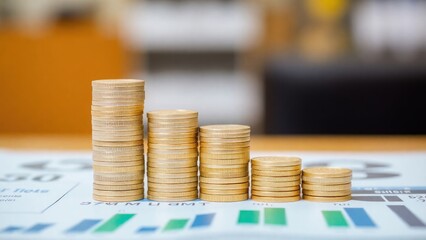 coins and graph. Series of stacked coins arranged in ascending order of height, creating a visual representation of growth and savings.