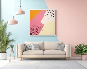 Stylish living room with modern art contemporary home interior design bright colors wide angle aesthetic inspiration