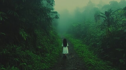 Obraz premium Girl in White Dress Walks Foggy Forest Path