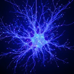Neurons with blue-lit dendrite branches, depicting synaptic activity and neural network complexity.