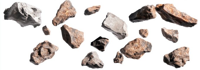 Falling rocks against white background; studio shot; design element