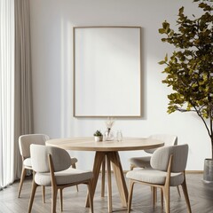 Modern minimalist dining room design with round wooden table, four chairs, and large blank wall for artwork display