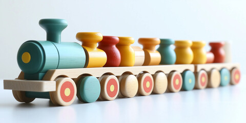 Naklejka premium Kinderspielzeug. Lokomotive aus Holz. Dekoration und Spielzeug für Kleinkinder
