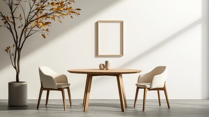 Minimalist dining room with wooden table, white chairs, potted tree, and empty frame on the wall capturing tranquility