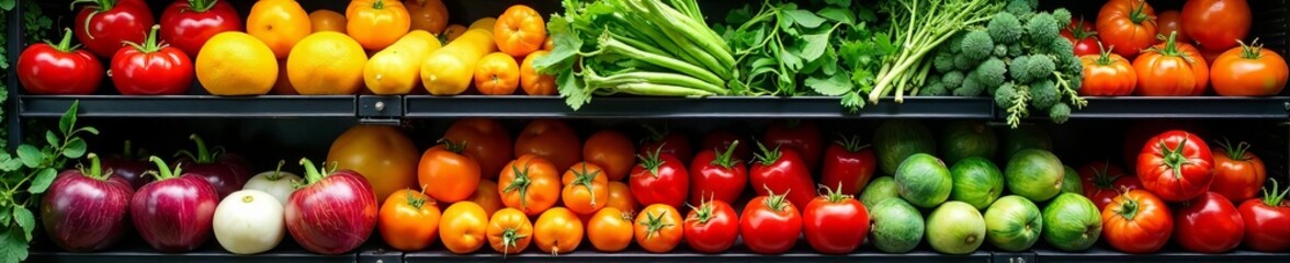 Veggies arranged neatly on shelves with vibrant background colors, sale, fresh produce, groceries