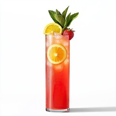 Fototapeta premium Refreshing strawberry lemonade cocktail, summer drink, white background, ice, garnished